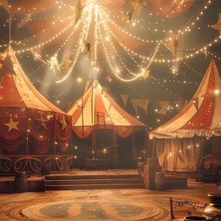 a circus tent with lights strung from the ceiling Halloween Carnival Fantasy Carnival Aesthetic, Circus, Old Timey Circus, Circus Inside, saddle brown