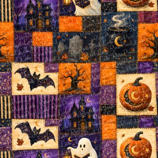 a patchwork quilt with halloween decorations on it Halloween Squares Custom Halloween Backdrop, Cool For Phones, Halloween Fabric, saddle brown