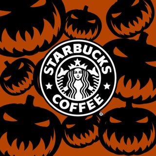 starbucks pumpkins and jack - o'- lanterns are arranged around the starbucks logo Halloween Starbucks Halloween Starbucks, Starbucks Fall Logo, Fall Starbucks, black