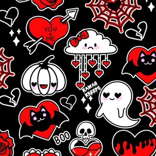 a bunch of stickers that are on a black background with red and white designs Halloween Valentines Spooky Valentines, Emo Valentines, Cute Goth Backgrounds, Valloween, black