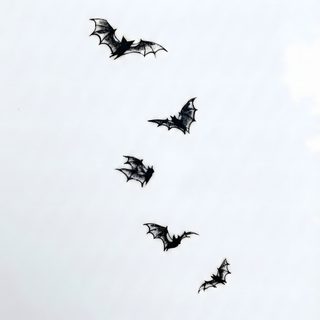 a group of bats flying in the sky with their wings spread out to form a long line Halloween Bats On White Small Bat Hand Tattoo, Fine Line Bat, Gothic Small Tattoo Ideas, white smoke