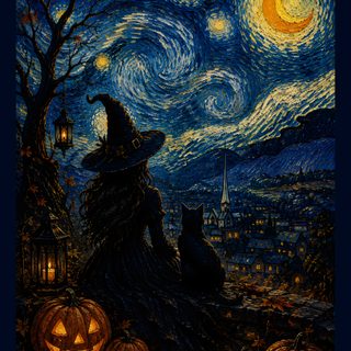 a painting of two cats sitting on top of a pile of pumpkins in front of a night sky Halloween Starry Night black
