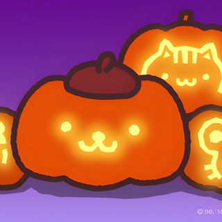 three pumpkins with faces carved into them on a purple and blue background, in the shape of cats Pom Pom Purin Halloween Pompompurin Halloween Background, Pompompurin Halloween, Pompompurin Thanksgiving, gray