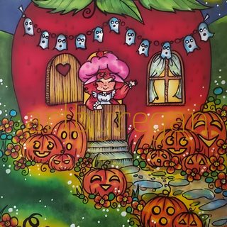 a painting of a house with pumpkins in the yard Strawberry Shortcake Halloween Strawberry Shortcake Halloween Images, Strawberry Shortcake Halloween Theme, Coco Wyo Spooky Cutie Finished, sienna
