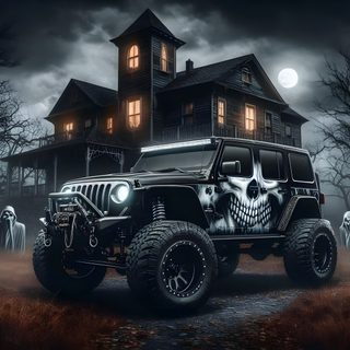 a jeep parked in front of a creepy house Halloween Jeep Ghost Jeep, Black Jeep Wrangler, Cool Jeep Backgrounds, Monster Truck Jeep, dark slate gray