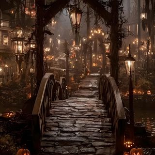 a bridge that has pumpkins on it and some lights hanging from the trees above Halloween Town Gate Halloween Town Place, Spooky Scenery, Halloween Kingdom, dark slate gray