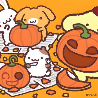 an orange background with cartoon animals and pumpkins Pom Pom Purin Halloween Fall Pompompurin, Pompompurin Thanksgiving, Pompompurin Fall, sandy brown