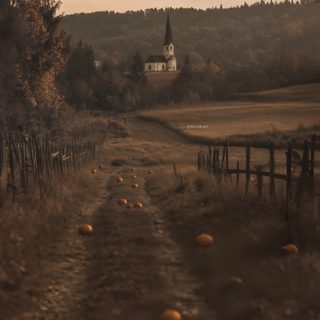 an old dirt road with oranges on the side and a church in the background Halloween Country Over The Garden Wall Autumn, Old Art Aesthetic, Landscape Photography Aesthetic, dark slate gray