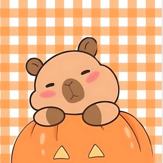 a teddy bear sitting on top of a pumpkin with a bow around it's neck Capybara Halloween Thanksgiving, Halloween, light salmon