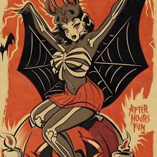 a drawing of a bat sitting on top of a pumpkin Halloween Pinup Art Halloween Pin Up, Vintage Halloween Art, Halloween Graphics, Vintage Goth, indian red