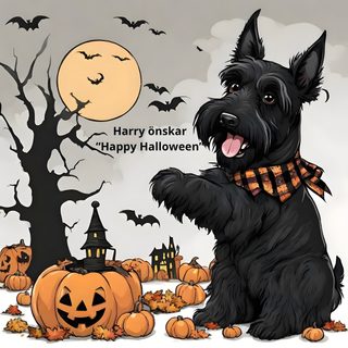 a black dog is standing in front of pumpkins with bats and a full moon behind it Halloween Scottish Terrier Scottie Dog Autumn, Scottish Terrier Fall Decor, Scottie Dog Fall, dark gray