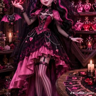 a woman dressed in pink and black is standing next to a table with candles on it Monster High Halloween black
