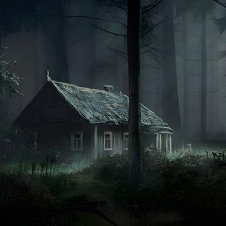 an old house in the middle of a forest at night with fog and light coming from its roof Halloween Forest House Old Creepy House In Forest, Creepy Cabin Nature Forest Painting, Dark Forest House Scene, black