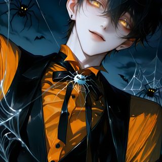 a man dressed in black and orange holding a jack o lantern Halloween Anime Boy Anime Halloween, Halloween Pfp Boy, Boy Boy Anime Halloween, black