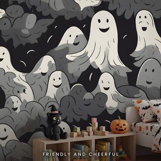 a halloween themed room with black and white ghost wallpaper Halloween Ghost For Bedroom Halloween Room, Halloween For Bedroom, Ghost Mural, dark slate gray