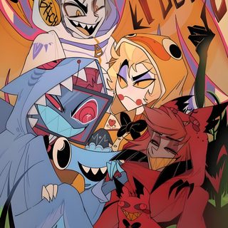 an image of some cartoon characters together Hazbin Hotel Halloween Hazbin Hotel Thanksgiving, Hazbin Hotel All Characters, Hazbin Hotel Halloween, dim gray