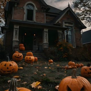 pumpkins on the ground in front of a house with scary eyes and faces carved into them Halloween 4k Vertical Spooky Halloween Pinterest, Spooky Halloween Vibe, Spooky Scary Halloween, black