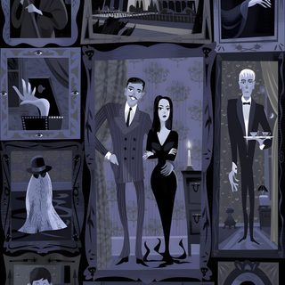 the addams family poster is shown in black and blue colors, with an image of two Halloween Addams Family The Addams Family Art, Adams Family Animation, Addams Family Animation, dark slate gray