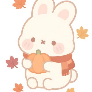 a white rabbit holding a pumpkin in its paws Cute Bunny Halloween white