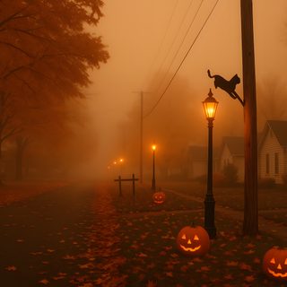 two jack - o'- lanterns are on the street in front of some houses Halloweencore Halloween Orange Aesthetic, Fall Banner, October 25, Halloween Party Diy, Bright Orange, maroon