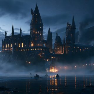 a castle lit up at night with fog in the foreground and water below it Hogwarts Halloween Desktop First Harry Potter, Fantasy Adventure, Interesting Questions, dark slate gray
