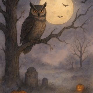 an owl sitting on a tree branch with carved pumpkins Halloween Owl Spooky Owl, Owl Halloween, Vintage Halloween Cards, Witch Painting, Americana Art, dim gray