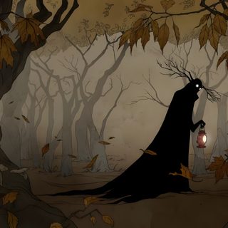 a cartoon character holding a lantern in the woods Halloween Over The Garden Wall Over The Garden Wall Monsters, Digital Drawing, Garden Wall, dark slate gray