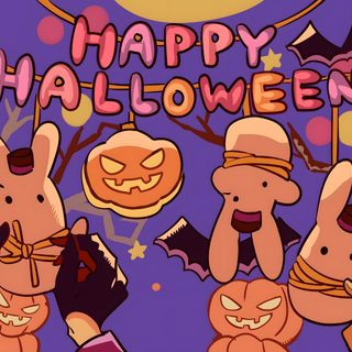an animated halloween scene with rabbits and pumpkins Tbhk Halloween Tbhk Halloween, Tbhk Halloween Icons, Jshk Official Art, dim gray