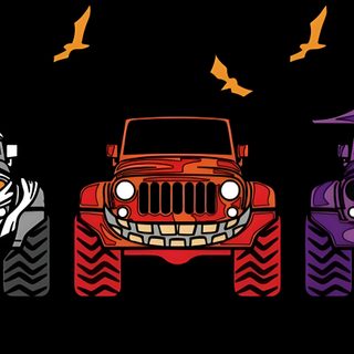 three jeeps with pumpkins and bats on them, one in the shape of a witch's hat Halloween Jeep Jeep Life Decal, Jeep, Jeep Stickers, Jeep Decals, Jeep Wrangler Accessories, black