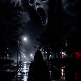 a person standing in the rain with an scream mask on their head and mouth open Halloween Scary Ghostface black