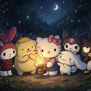 hello kitty and friends are standing around a candle in the woods Sanrio Halloween Laptop Dvd Player, Dvd, dark slate gray