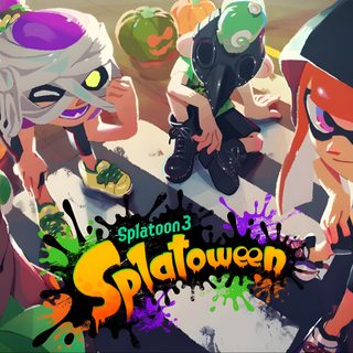 some cartoon characters are standing together in front of an orange and green background with the words, splatdown on it Splatoon Halloween Splatoween Official Art, Splatoon 3 Promo Art, Splatoween Art, dark olive green