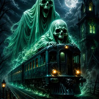 a train with two skeletons on it and a full moon in the background Halloween Ghost Train Ghost Train Tattoo, Skeleton Train, Skull Train, Ghost Train, Haunted Train, black
