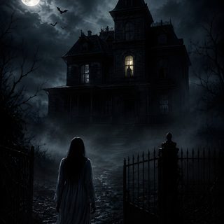 a woman standing in front of a creepy house at night with the moon behind her Old Scary Horror Halloween Horror Stories, black