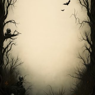 there is a creepy scene with trees and skulls in the foggy forest, as well as birds flying overhead Halloween Scroll Spooky Invitation Background, Spooky Background Printable, Dark Spooky Background, rosy brown