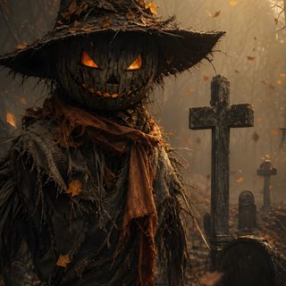 a scarecrow in a graveyard with pumpkin eyes Old Scary Horror Halloween dark slate gray