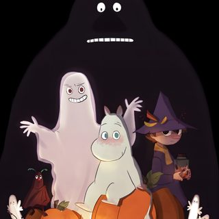 three cartoon characters are sitting on pumpkins in the dark Moomin Halloween Moomin Ghosts, Moomin Fall, Moomin Autumn, Moomin Halloween, Moomin Pumpkin, black