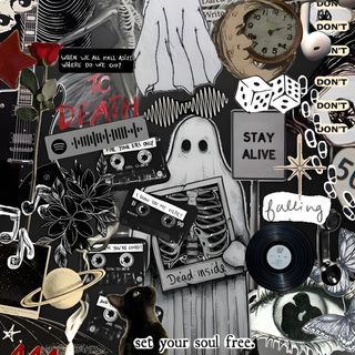 a collage of halloween related items with words written on them and images of ghostes Grunge Halloween Aesthetic dim gray