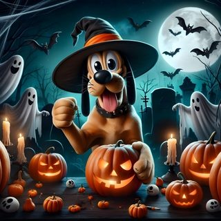 a dog dressed up as a witch with pumpkins Pluto Halloween Goofy Halloween Images, Animated Disney Halloween Characters, Disney Halloween Cartoons, dark slate gray