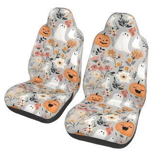 two halloween themed car seats with pumpkins and ghost faces on the front, one in grey Cute Halloween For Car Seat antique white