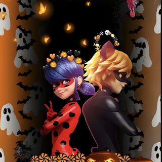 two children dressed up in halloween costumes with pumpkins and ghost faces behind them, all looking at each other Miraculous Ladybug Halloween Cute Halloween Phone, Halloween Cartoon Characters, Halloween Party Invitation Ideas, saddle brown