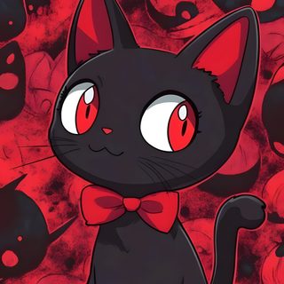 a black cat with red eyes and a bow tie sitting in front of skull heads Anime Cat Halloween dark slate gray