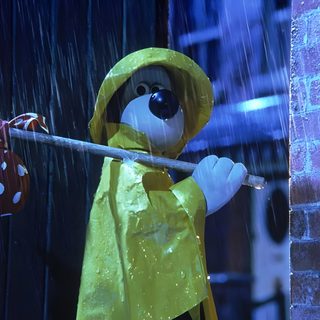 a stuffed animal dressed in raincoats holding an umbrella next to a brick wall Wallace And Gromit Halloween Hd Wallace And Gromit Rain, Gromit Crying, Wallace And Gromit Gif, dark slate gray