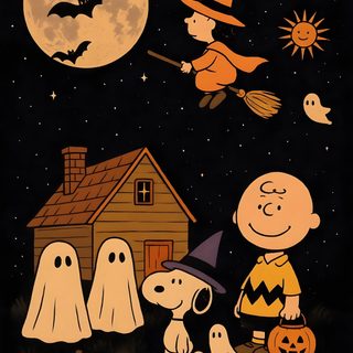 snoop and his friends are dressed up for halloween in front of a house with pumpkins Charlie Brown Halloween Iphone Charlie Brown Halloween, Snoopy Halloween Iphone, Spooky Snoopy, black