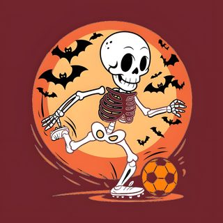 a skeleton playing with a soccer ball in front of an orange and black background that says happy halloween Halloween Soccer Soccer Skeleton, Soccer Halloween, Halloween Soccer, Skeleton Costume, saddle brown