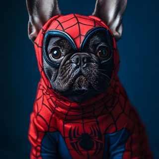 a small dog wearing a spiderman costume on top of a blue blanket with his ears up Halloween French Bulldog French Bulldog Astronaut 4k, French Bulldog Fashion Art, French Bulldog With Portrait, black