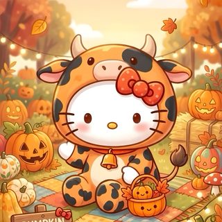 a hello kitty pumpkin patch is in the grass with other pumpkins and leaves around it Kawaii Hello Kitty Cute Halloween sandy brown