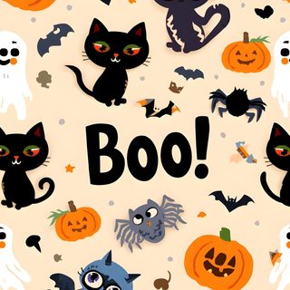 halloween cats and bats with the word boo written in black on an orange background that says boo Halloween Cats Bats Owls Spiders Sm Halloween, blanched almond