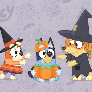 three cartoon dogs dressed up as witches and one dog wearing a witch hat, standing next to each other Bluey And Bingo Halloween Bingo Funny, Bingo, Cute Puppies, Phone, Ipad, Puppies, silver