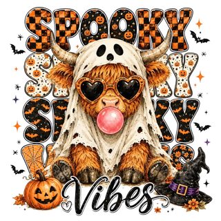 a cow wearing glasses and a hat with pumpkins on it's head, in front of the words spooky vibe Cute Halloween Highland Cow burlywood